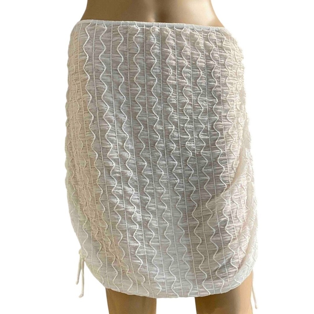 White Ruched Textured Mini Skirt Sarong Festival Bodycon Sheer Large